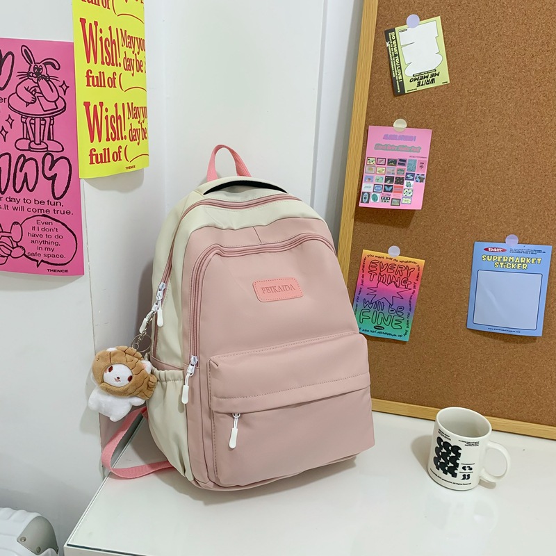 2022 New Contrast Color Backpack Women's Opening Season High School Student Schoolbag Korean Simple and Fresh Backpack Wholesale