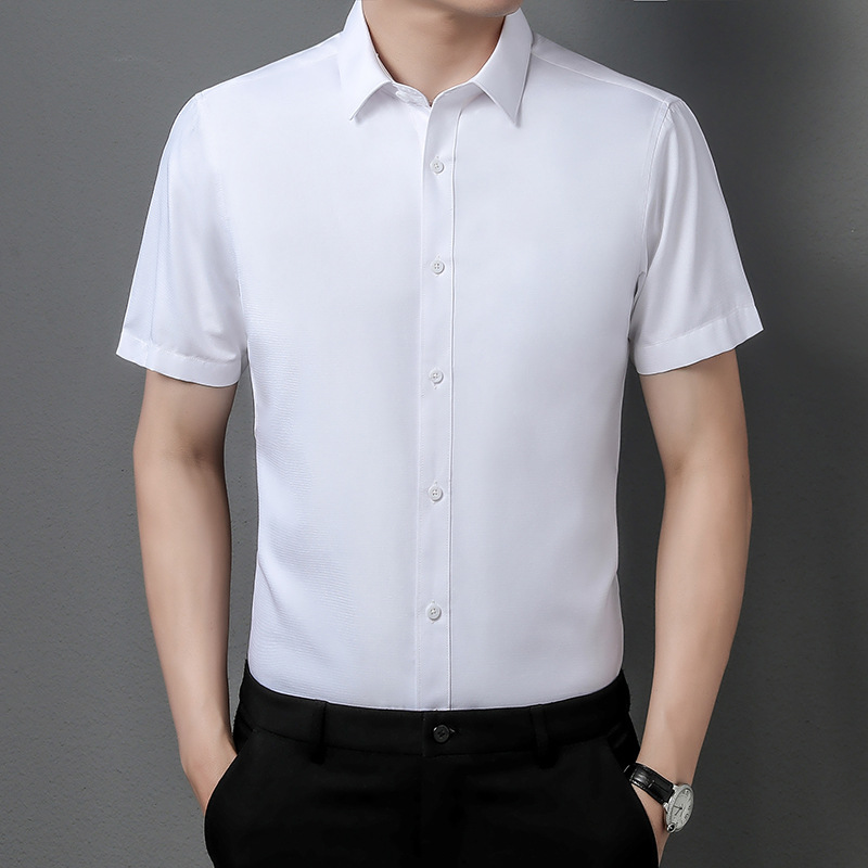 中年男士商务休闲短袖衬衫夏装纯色翻领薄款气质半袖宽松衬衣代发