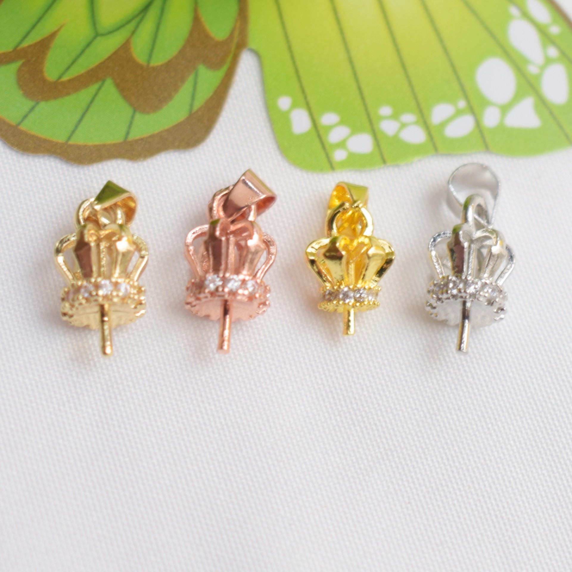 14k/18k包金珠扣饰品珍珠扣子 微镶皇冠扣头 吊坠针珍珠扣头材料