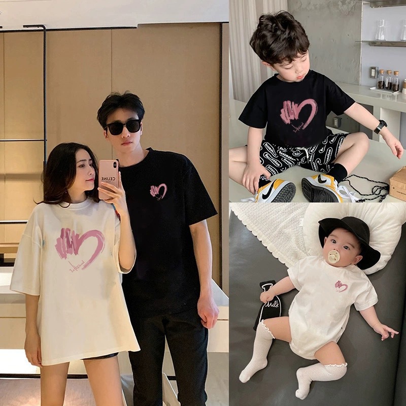 韩版亲子装纯棉t恤2024夏季新款一家三口夏款短袖母子母女装 爬服