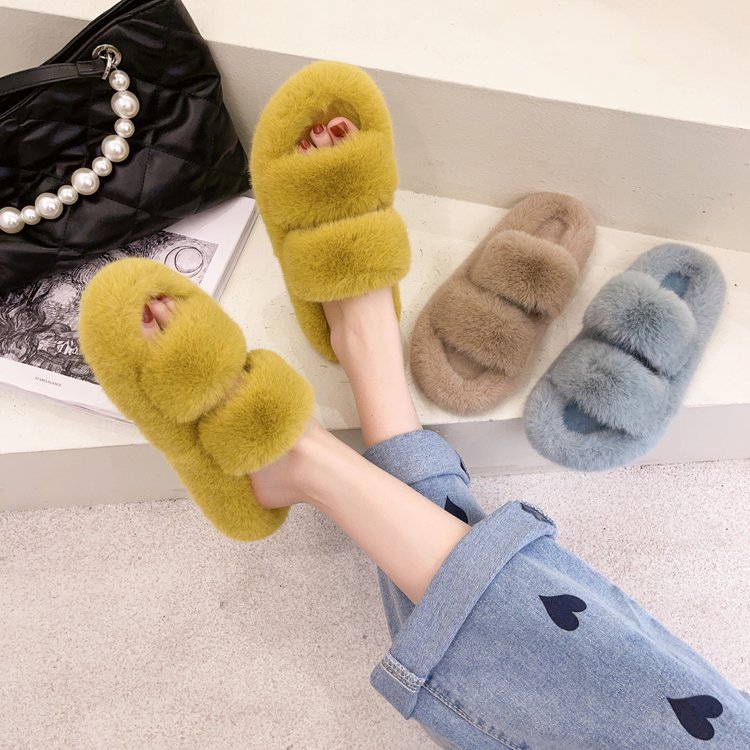 korean style fluffy slippers women‘s 2023 autumn and winter new flat bottom comfort one-word trawl red thick bottom for outdoors cotton slippers plus size