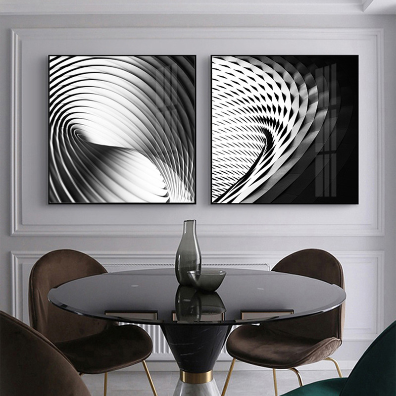 现代简约抽象艺术黑白风格方形装饰画 客厅两联轻奢铝合金挂画