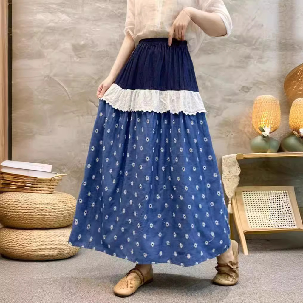 2024夏季新款女下装半身裙日系波点宽松女裙牛仔刺绣高腰裙子小众