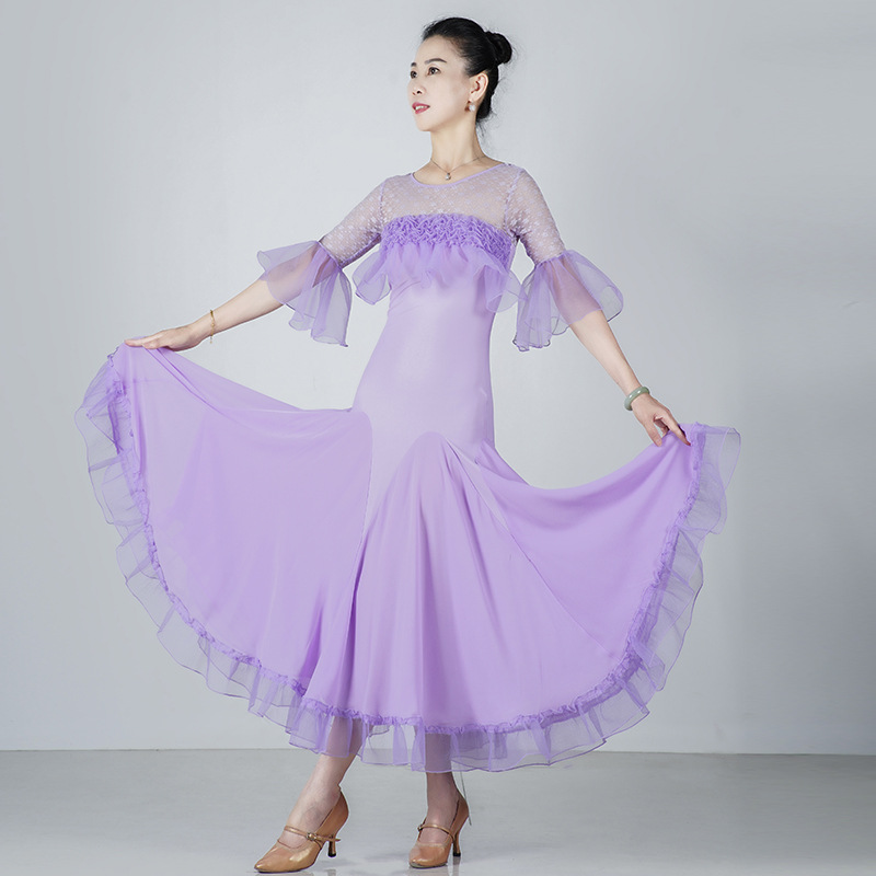 ed国标舞华尔兹舞蹈服大摆裙女士高贵紫色连衣裙短袖比赛服-阿里巴巴