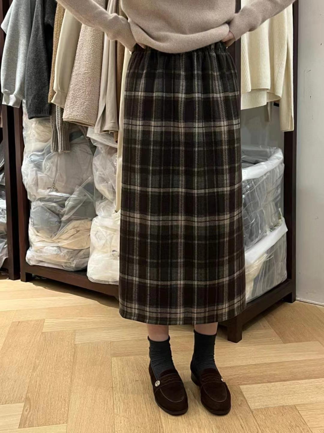 港风复古撞色格子高腰加厚半身裙女2023冬季新款百搭中长款a字裙