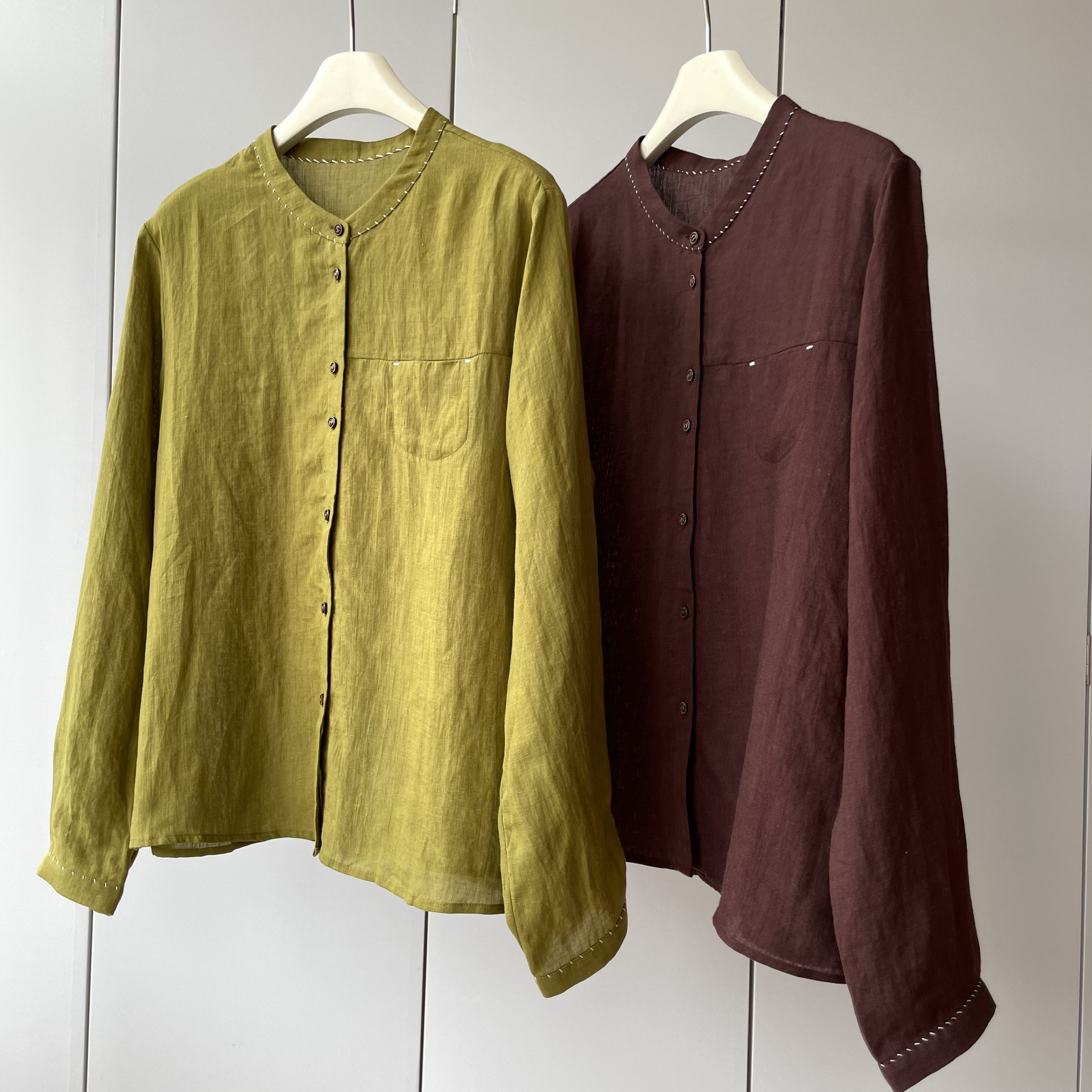 立领单排多扣单口袋宽松显瘦长袖衬衫女春夏-阿里巴巴