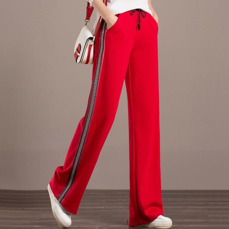 2024新款红色阔腿裤秋季运动休闲高腰宽松广场舞蹈裤直筒跳舞裤子