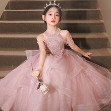 儿童礼服生日公主裙花童演出流苏小众女童主持人粉色钢琴演奏