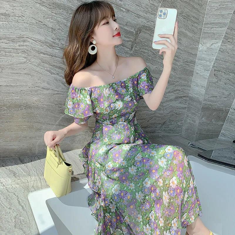 碎花长裙2022新款网红夏季女装长款仙女裙子收腰显瘦一字肩连衣裙