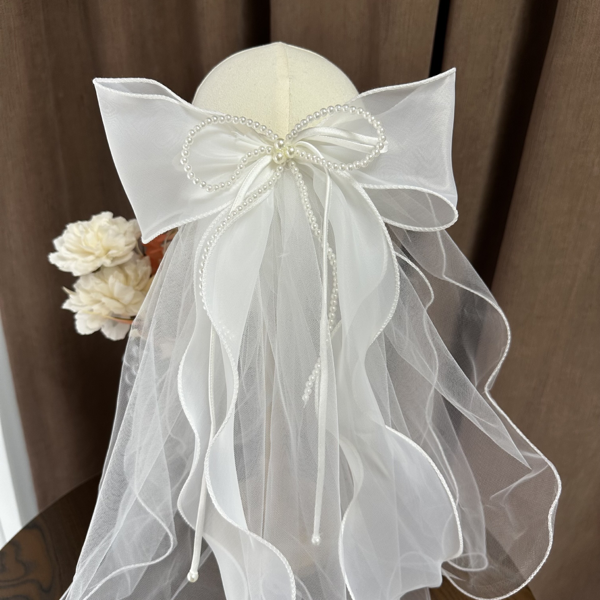 韩国儿童软萌头纱公主超仙新娘蝴蝶结飘带珍珠儿童头纱拍照发夹