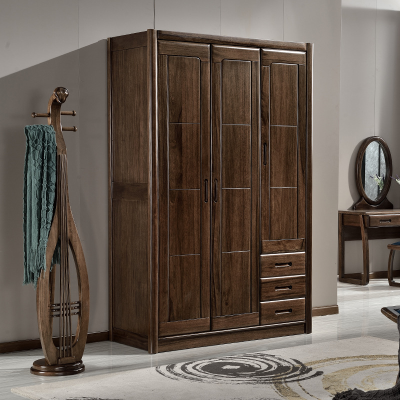 全实木衣柜 金丝黑胡桃木衣柜三门四门大衣柜衣橱 现代新中式家具