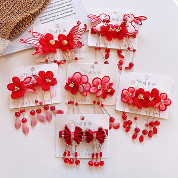 儿童红色唐装发饰新年古风头饰女宝宝汉服蝴蝶花朵兔子发夹中国风