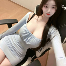 韩国2023春夏新款修身显瘦显身材气质方领褶皱包臀长袖连衣短裙女