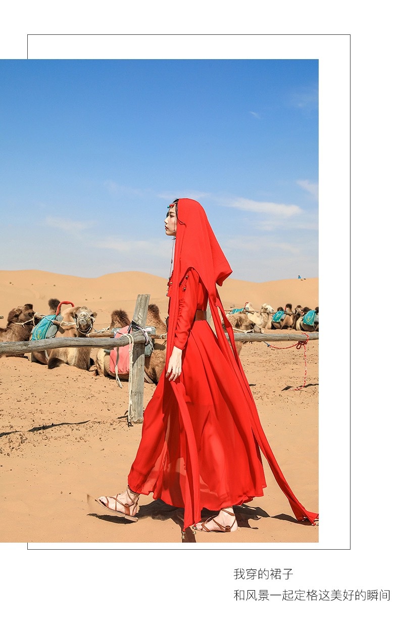 云南丽江长裙复古民族风红色连衣裙茶卡盐湖红裙子西藏旅游衣服女