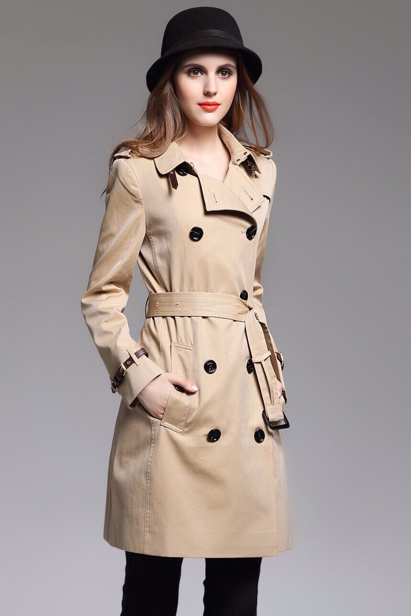 秋季新上女装双排扣中长款风衣外套皮质袖带和布袖带潮牌女士外套