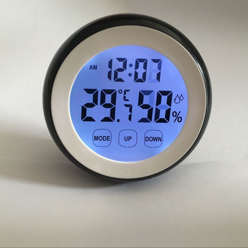 New round Touch Screen Temperature Moisture Meter with Clock Alarm Clock Household Thermometer Electronic Temperature and Humidity
