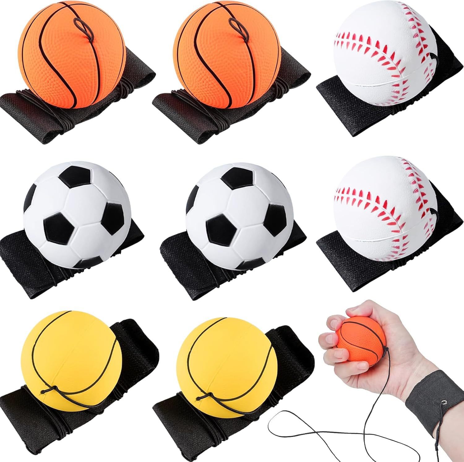 8件装带绳弹力球 6cm手腕回力球 (足球 & 篮球 & 网球 & 棒球)