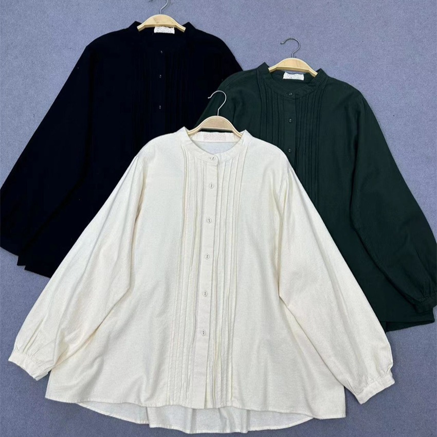 日系纯色风琴褶衬衫女2024春季新款甜美立领磨毛棉长袖衬衣-阿里巴巴