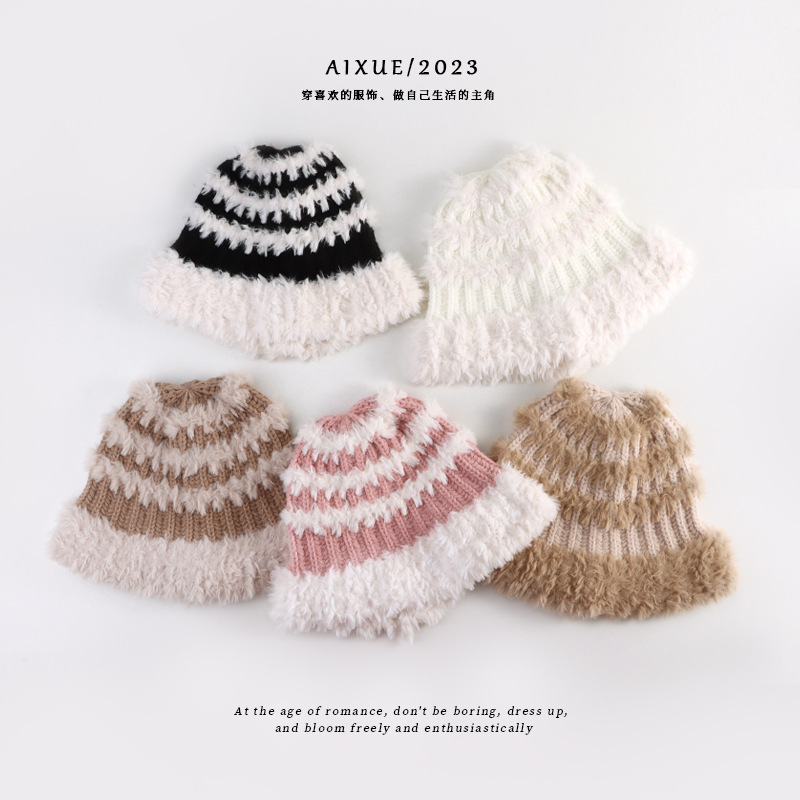 Japanese and Korean Style Stripe Bucket Hat Color Matching Dome Multicolor Thickened Warm Hat Hand Crocheting Plush Bonnet New Woolen Cap