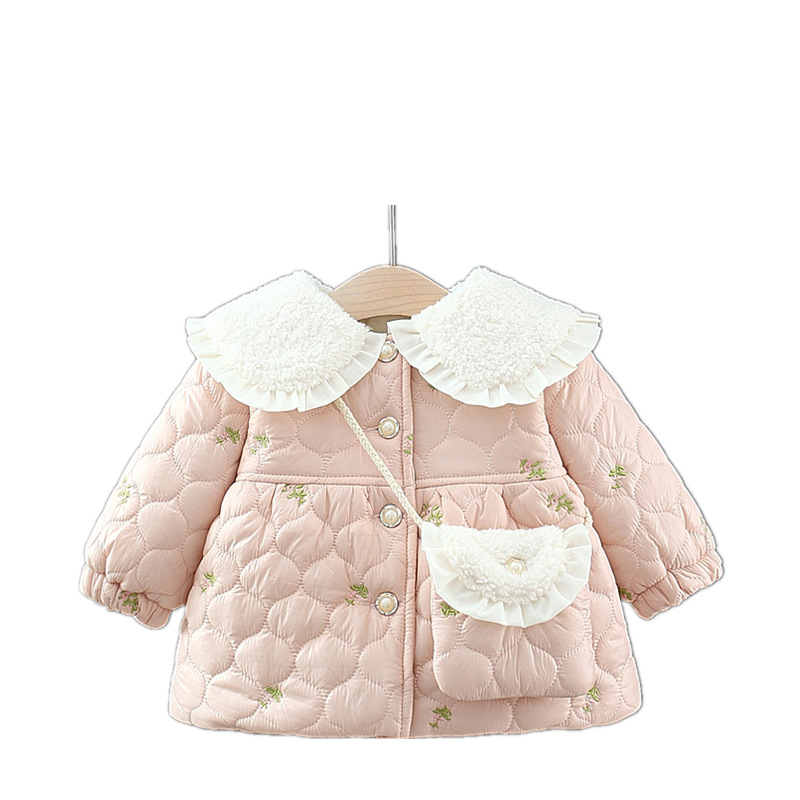 2023 Children's Cotton Clothes Infant Toddler Fashionable Fleece-Lined Thickened Internet Celebrity Cotton Coat Lapel Free Bag Fashionable Korean Style Children's Clothing