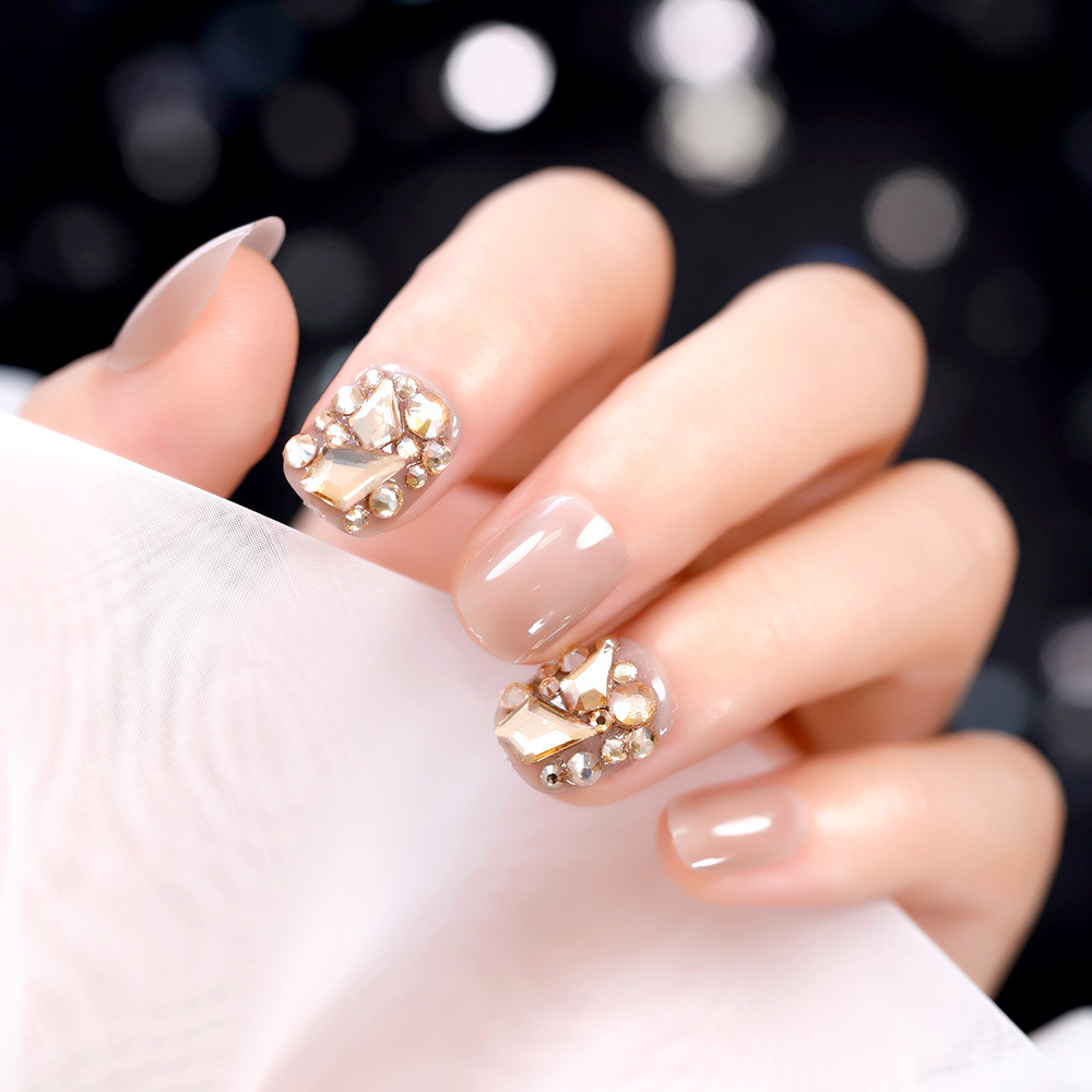 显白网红款半透裸色香槟金满钻假指甲成品美甲贴片穿戴甲甲片24片