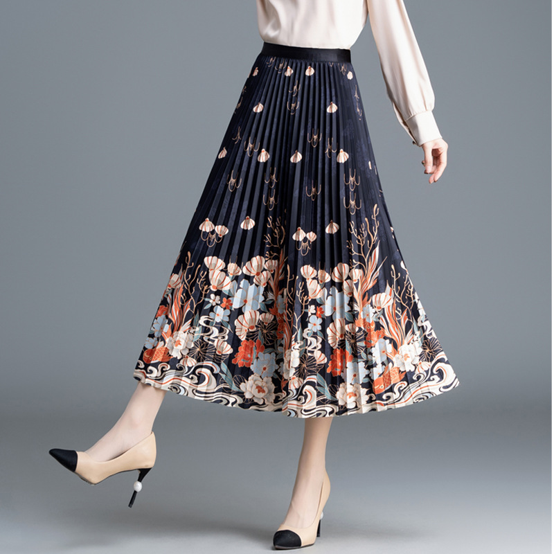 High Waist Horse-Face Skirt Fashionable Elegant Women's Clothing Printed Dress Elastic Waist Pleated Skirt Long Spring A- line Skirt