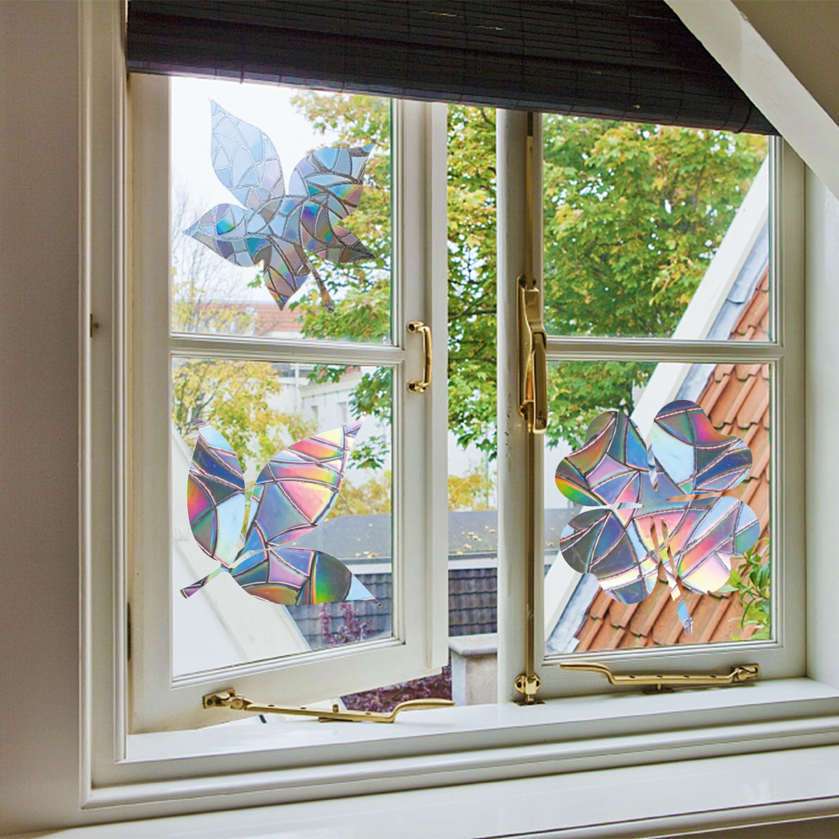 跨境19pcs彩虹棱镜静电玻璃贴pvc树叶静态窗贴阻止鸟类撞击窗户贴
