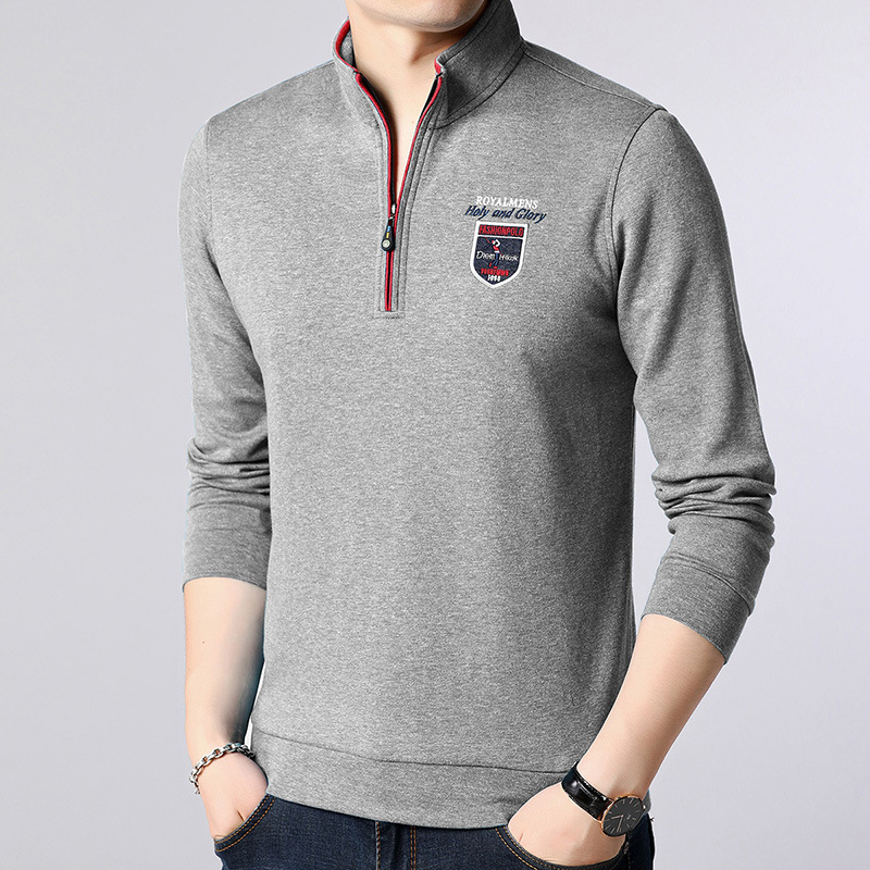 长袖t恤男士拉链立领刺绣春秋新款高品质百搭潮流中青年上衣男