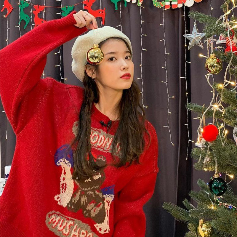 iu李知恩金宝罗同款衣服红色卡通圣诞新年毛衣女秋冬宽松外穿上衣