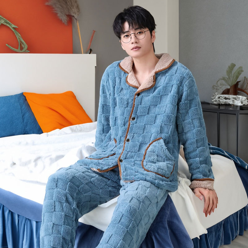 2023 New Flannel Pajamas Men's Autumn and Winter Thermal Coral Fleece Suit Factory Wholesale Warm Loungewear