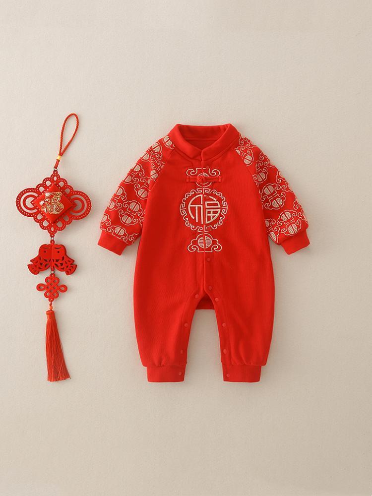 婴儿过年喜庆衣服秋冬龙年宝宝拜年服红色连体衣中国风唐装外出服