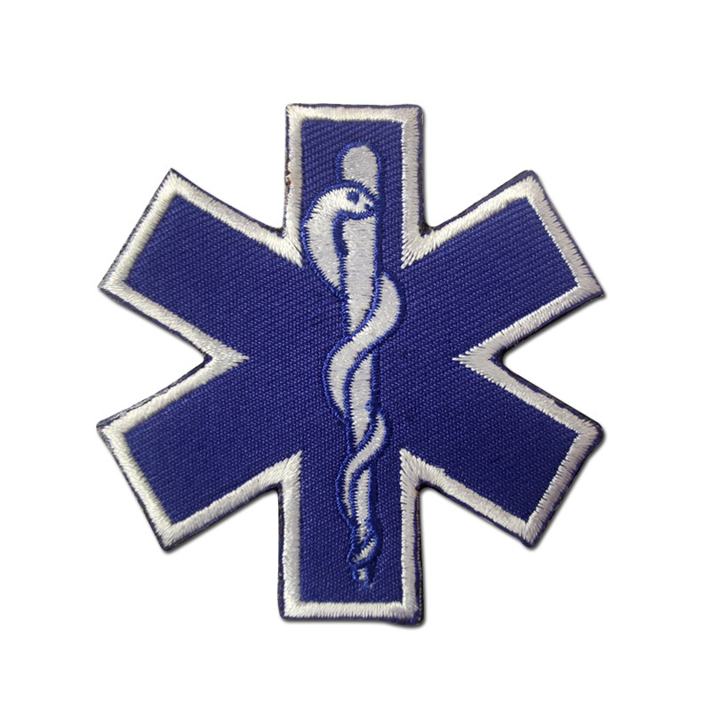 现货批发蓝色生命之星标志蛇杖紧急医疗救护徽章刺绣魔术贴章布贴