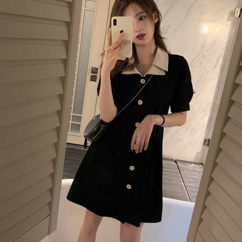 娃娃领法式小黑裙女设计感polo裙2021夏季新款连衣裙收腰气质裙子
