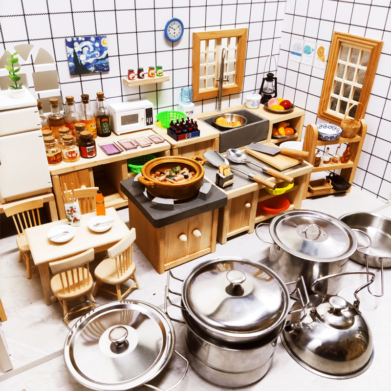 网红新款迷你厨房真煮全套可吃厨具微缩食玩开放式现代款灶台锅具