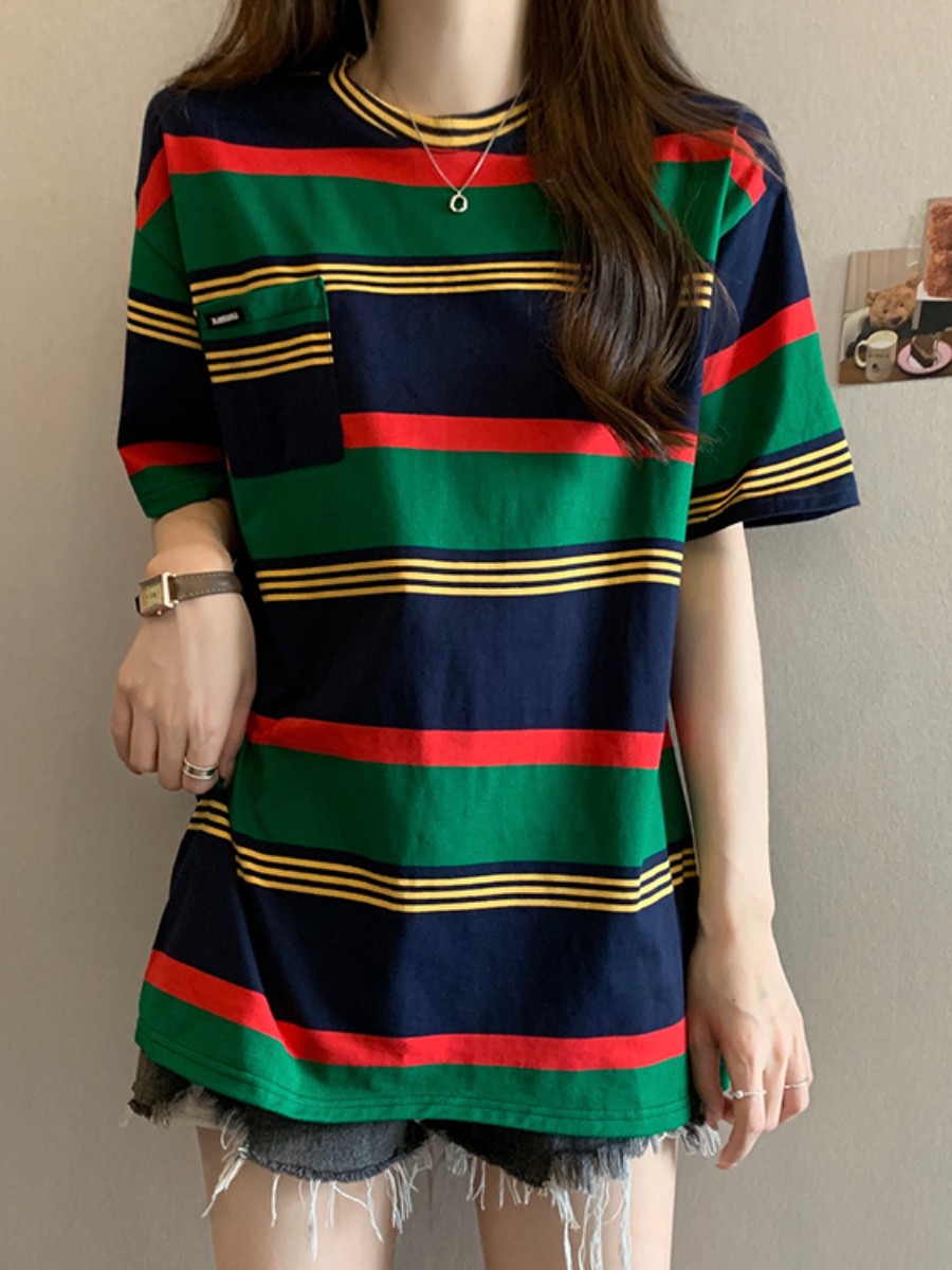 American Fashion Brand Retro Contrast Color Striped round Neck Loose Half-Sleeve Top Women Couple Short Sleeve T-shirt