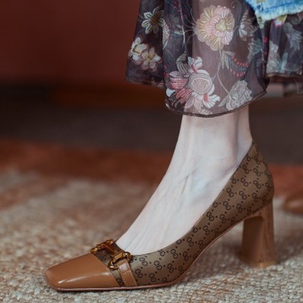 ebay女鞋2024春新款复古方头一字带气质高跟鞋女宴会粗跟女单鞋