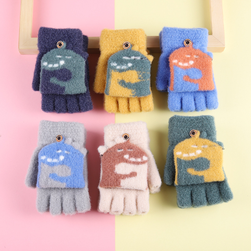 儿童手套秋冬季加绒保暖露指手套男孩女孩学生卡通五指翻盖手套男