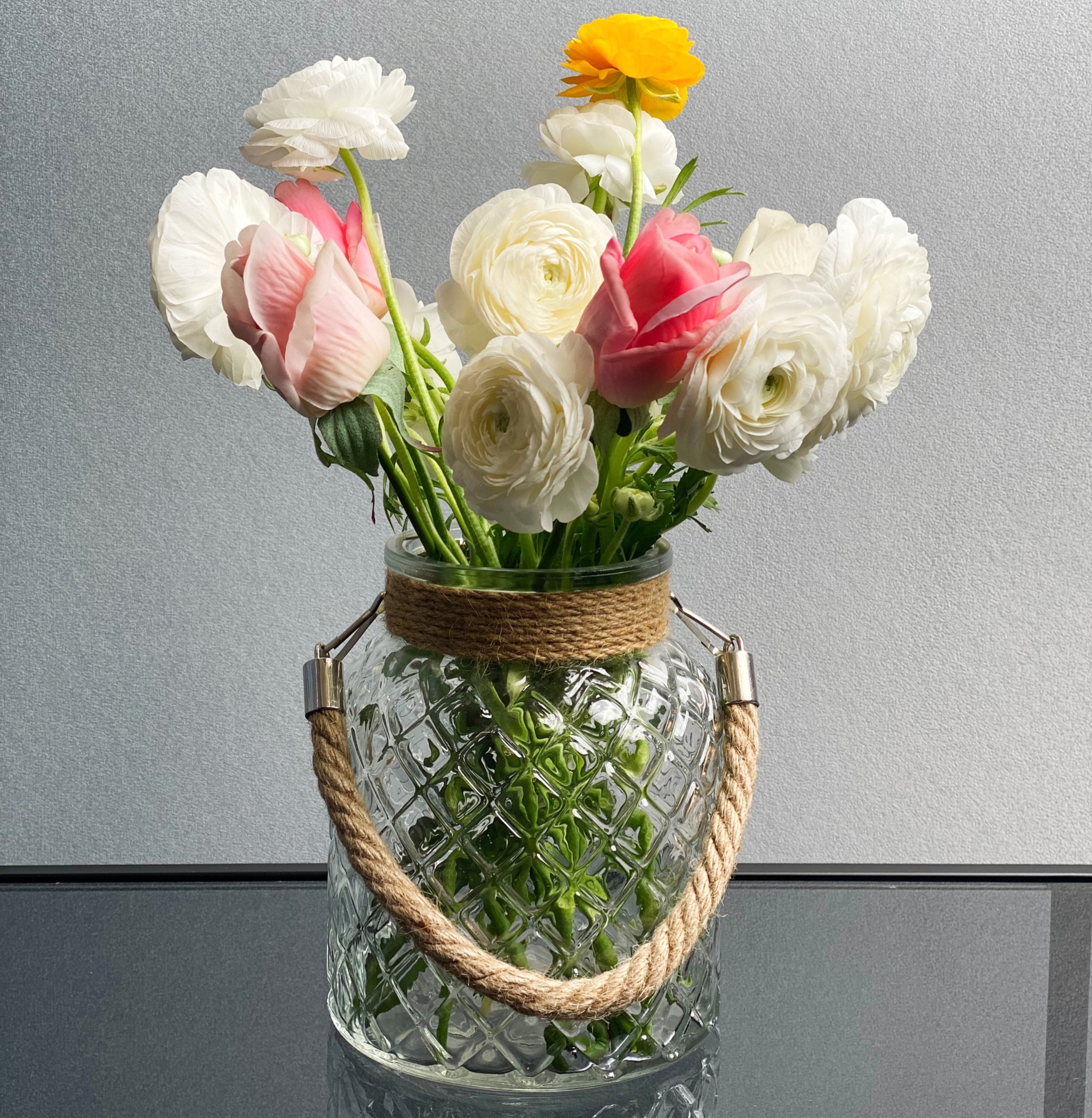 hjm-创意简约麻绳手提透明玻璃花瓶办公桌餐桌插花小清新水培摆件