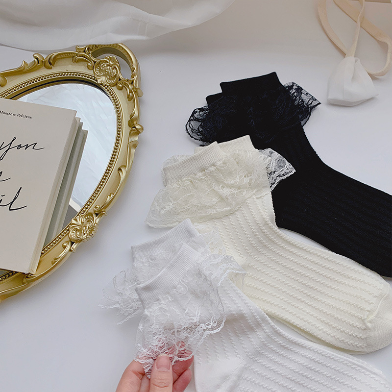 日韩系大花边女袜棉短袜韩国少女学院风甜美百搭成人蕾丝公主袜子