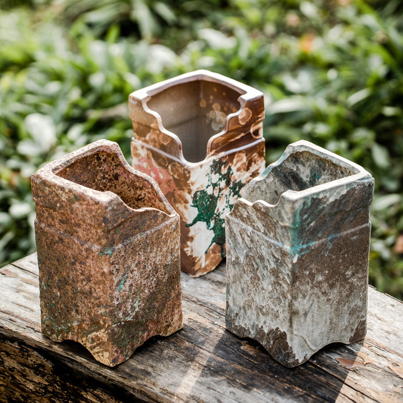 复古仓意老桩多肉植物花盆高方缺口悬崖桩陶瓷盆透气批发