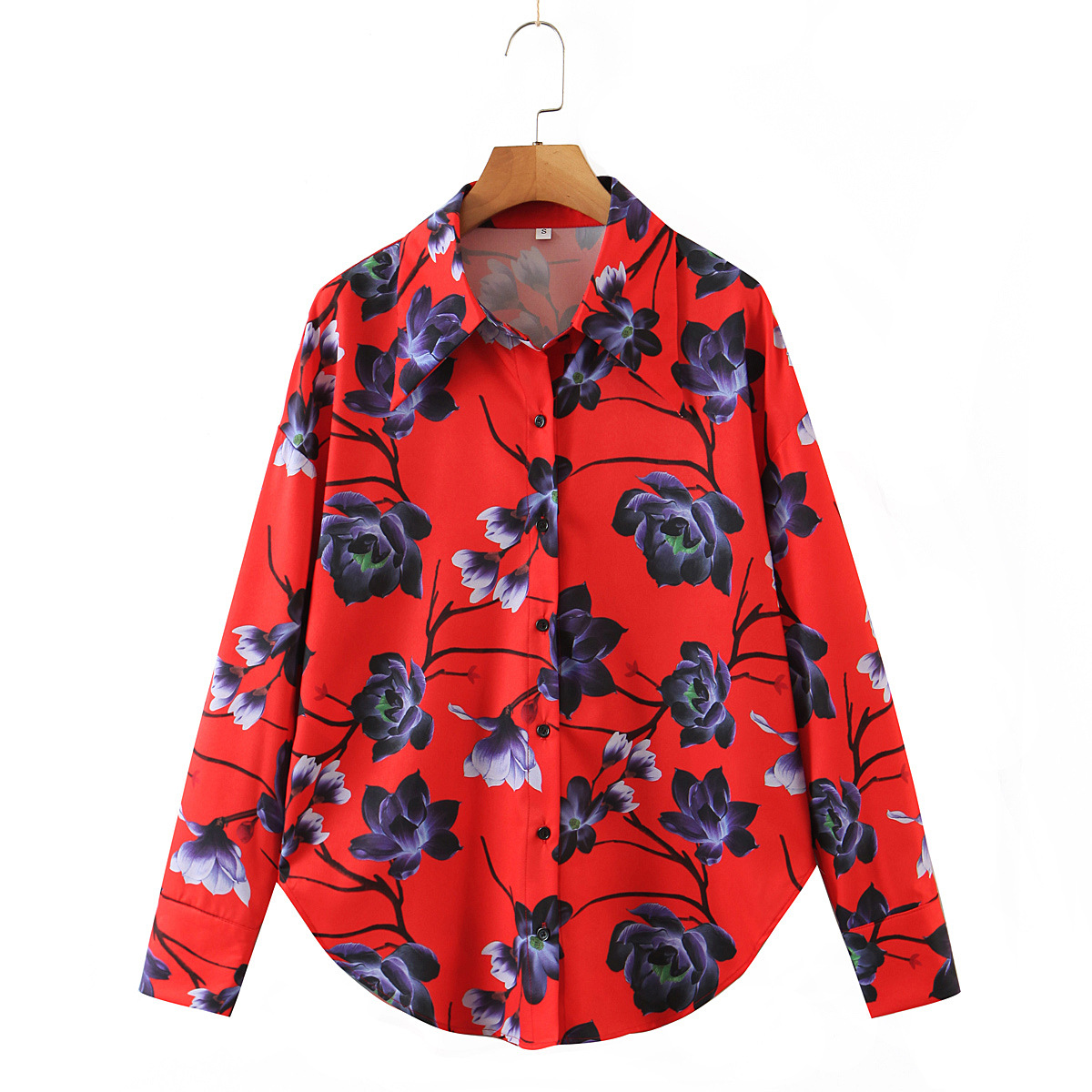 wish亚马逊ebay2021秋红底蓝花长袖衬衫