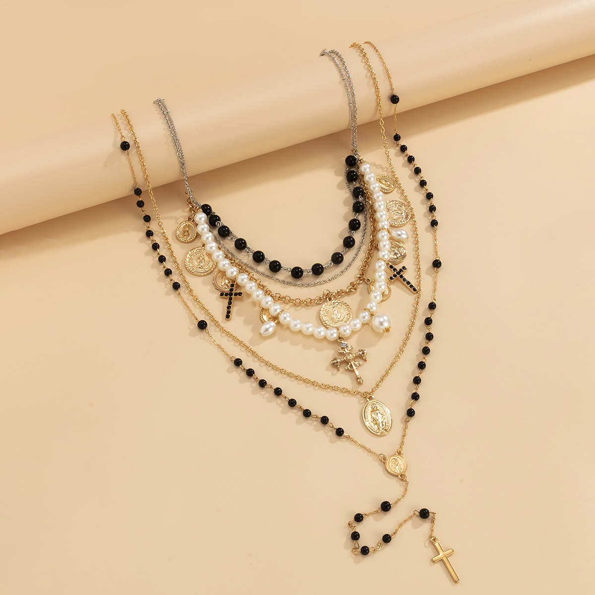 欧美跨境饰品 复古法式串珠流苏十字架项链 叠戴镶钻仿珍珠项饰女