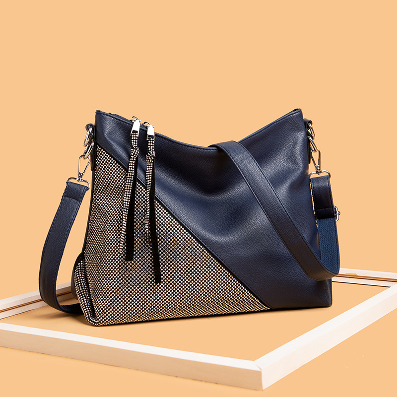 New Shoulder Messenger Bag Diamond-Embedded Large Capacity Women's Handbag Contrast Color Autumn and Winter Trendy Bag Casual Big Bag