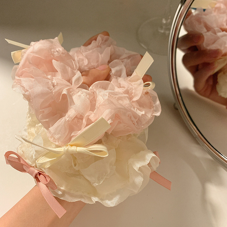 Ballet Style Bow Ribbon Cream Hair Rope Mori Fairy Beautiful Large Intestine Hair Ring Headdress Flower Headwear Hair Accessories Hair Ring Girls