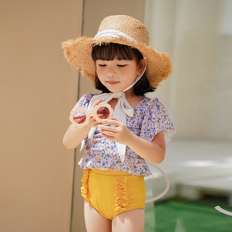 韩国ins女童夏分体公主儿童泳衣飞袖碎花中小童女宝宝沙滩游泳装