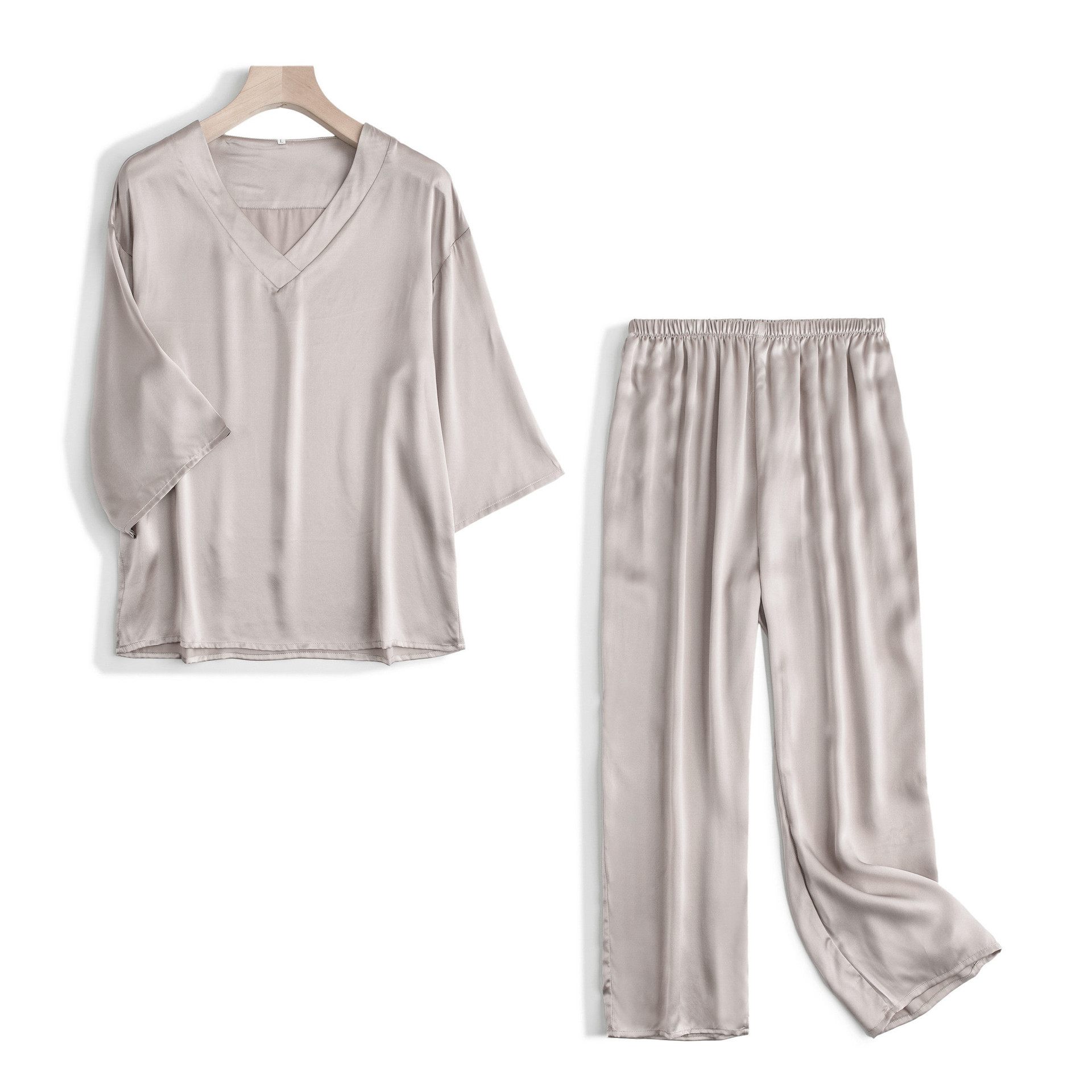 真丝素绉缎套装新款软糯舒适桑蚕丝睡衣套装纯色长裤长袖家居服