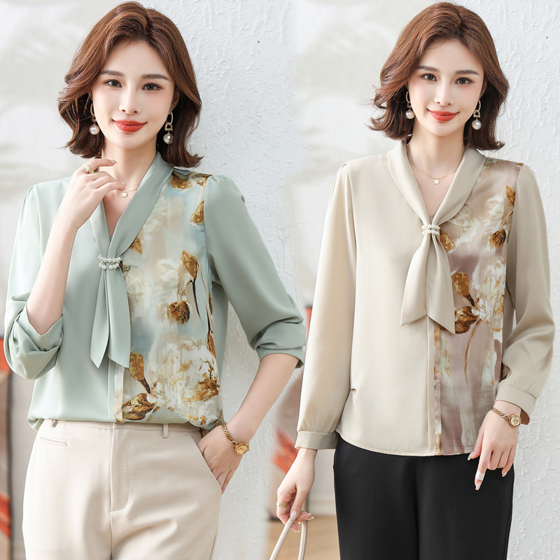 Mom Spring and Autumn Western Style Small Shirt New Chiffon Shirt Middle-Aged and Elderly Women's Clothing Noble Lady Fall Winter Fashion Bottoming Top