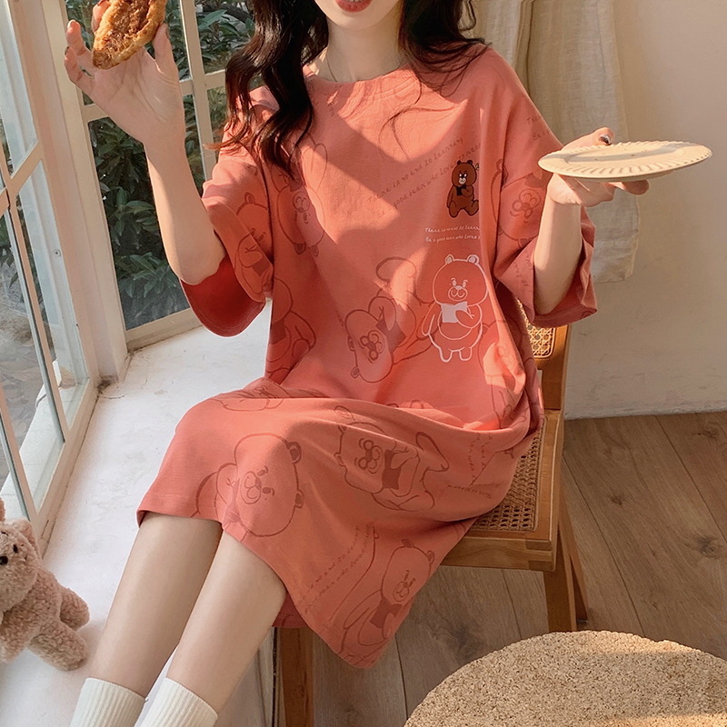 Pajamas Women's Summer Milk Silk Short Sleeve Cute Cartoon Teenage Girl Long Dress Dress Loose Large Size Can Be Worn outside