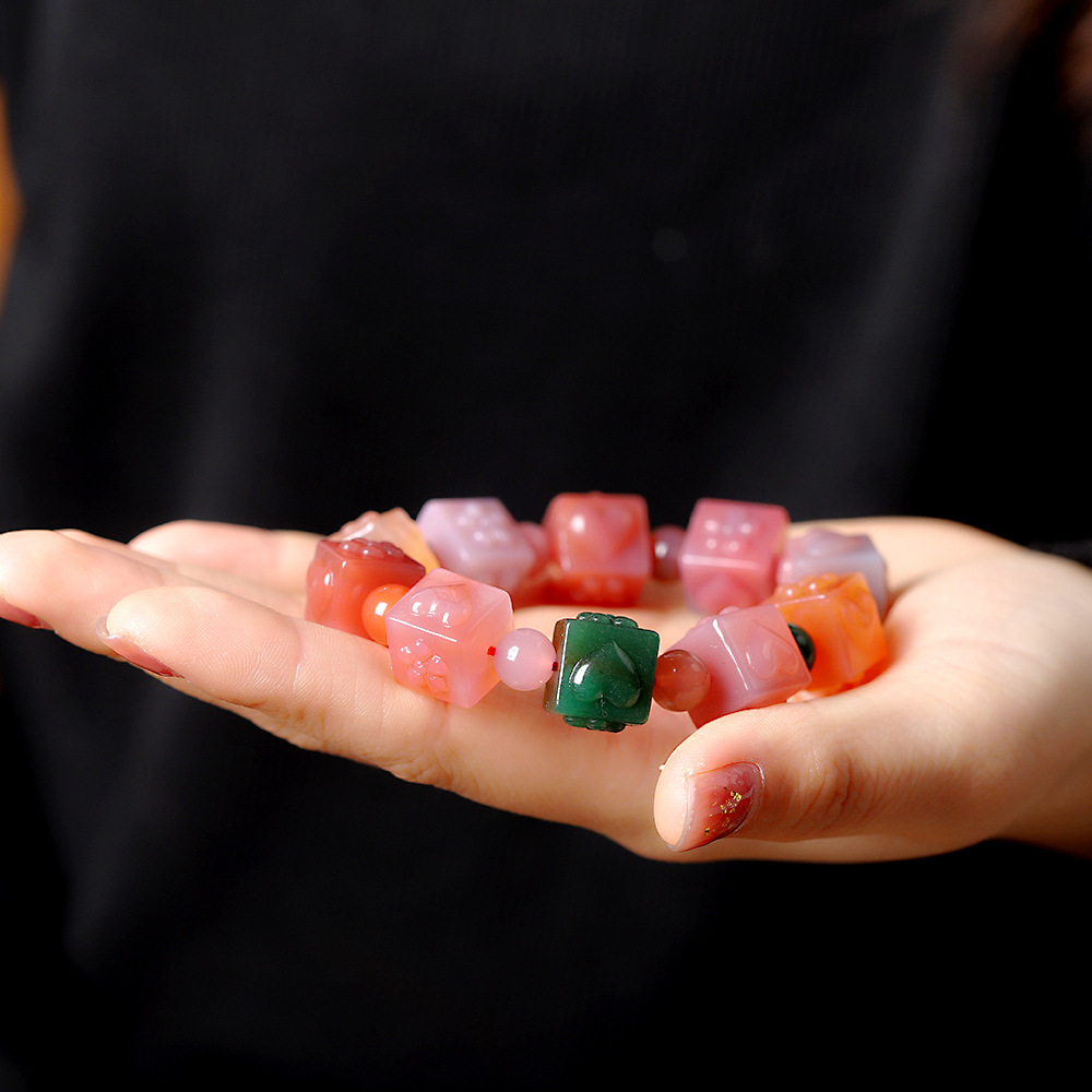 人品银品 盐源玛瑙雕刻爱心方糖手手串 糖果色国风女式手链 跨境