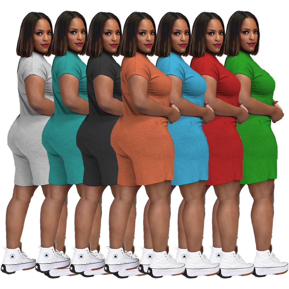 a5249 跨境欧美女装 夏季时尚纯色大码肥婆拉链口袋宽松连体短裤